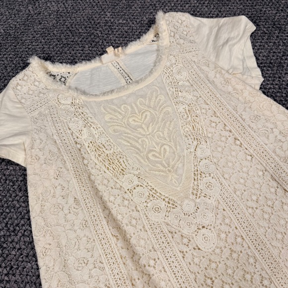 Meadow Rue Anthropologie Lace Embroidered Top S Ivory Boho Frayed Neckline - Picture 3 of 10